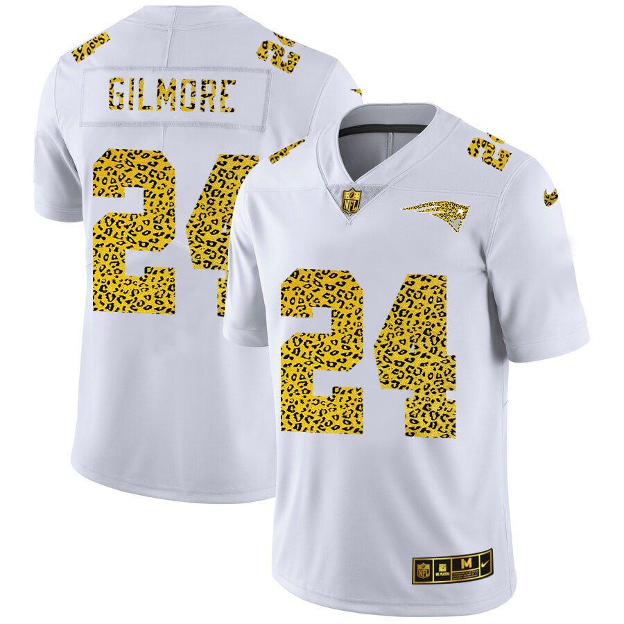 Custom New England Patriots 24 Stephon Gilmore Men Nike Flocked Leopard Print Vapor Limited NFL Jersey White